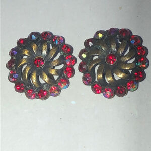 Vintage Aged Brass Tone AB Red CZ Rhinestone Round Clip On Earrings